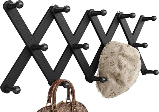 Accordion Wall Hanger, Hat Rack for Wall with 14 Coat Hooks, Expandable Hat Hangers Organizer, Vintage Decorative Coat Rack Wall Mount for Purse, Mug (Black)