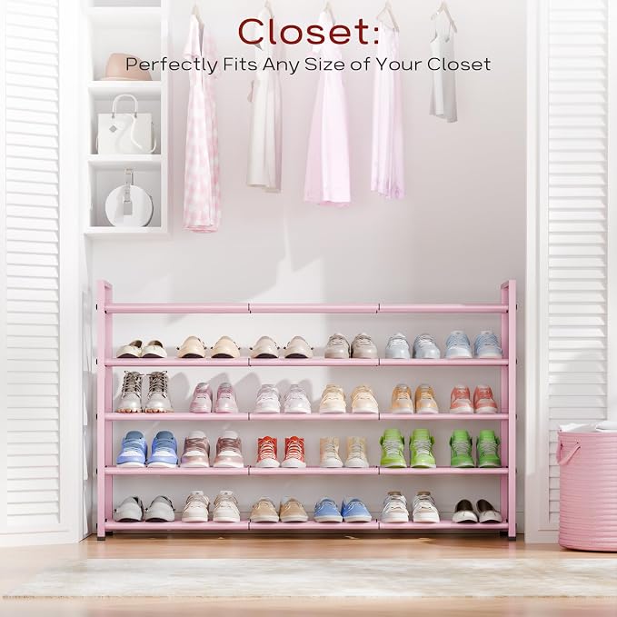 Bumusty 5 Tier Long Expandable Shoe Rack for Closet, Pink | 18"-44" Adjustable Shoe Rack for Entryway, Shoe Organizer for Dorm, Front Door, Sturdy Metal