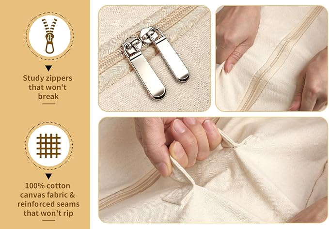 Soft Canvas Storage Bags for Comforters, Blankets, Beddings, Quilt, Clothes | King/Queen Comforter Organizer, Cotton Canvas, 3 Pack, 4 Handles & 2 Clear Windows, Reinforced Zippers, 25x19x9in