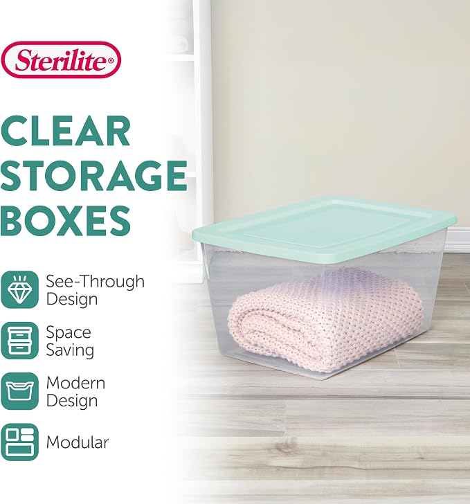 Sterilite 8 Pack Storage Boxes, Clear Plastic Stackable Containers, Lightweight Home Organizers with Snap Lids, 58 Quart, Mindful Mint