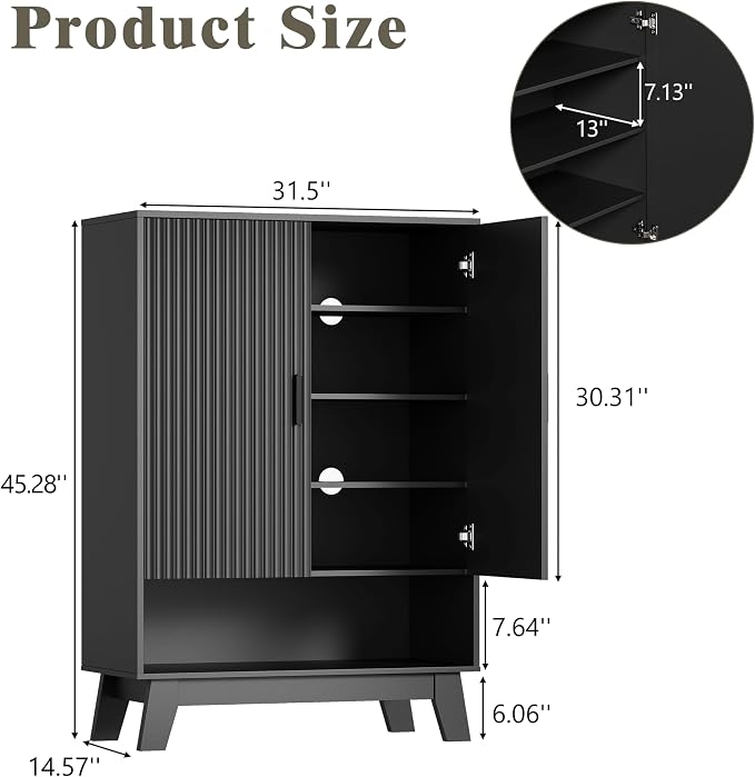 HUANLEGO Shoe Cabinet Storage for Entryway with Doors, Black | 5 Tier Fluted Shoe Organizer with Adjustable Shelves, Shoe Storage with Wooden Legs, Freestanding Shoe Rack for Entryway