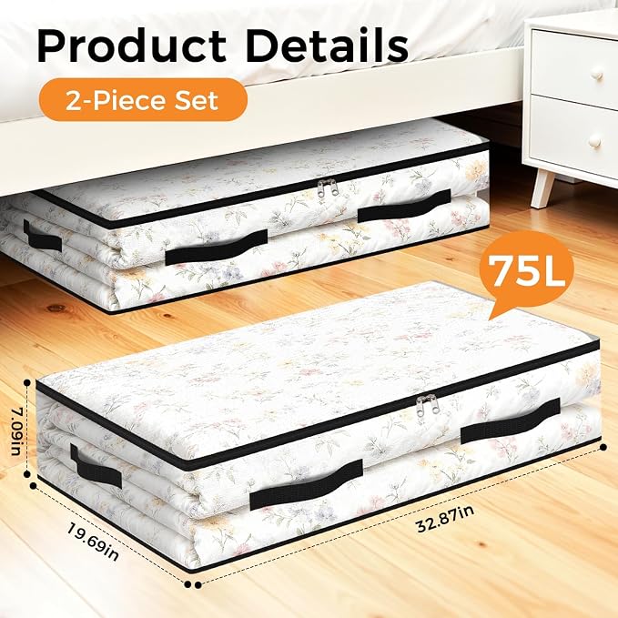 2 Pack Under Bed Storage Bags, 75L Foldable Clear Containers with Handles | Dual Zipper Storage Bins for Comforters, Bedding, Blankets, Closet Organizer for Clothes, Linen Sheets, Sweaters