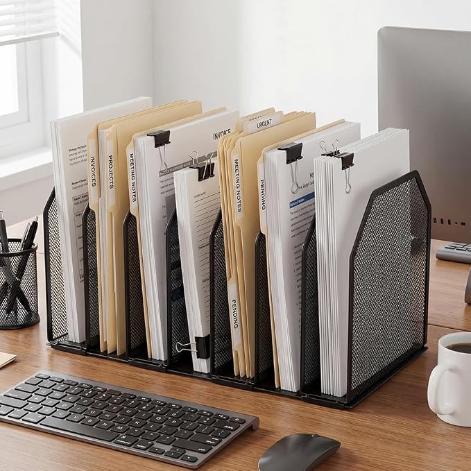 7-Section Vertical Mesh File Sorter, Black Metal Desktop Document Organizer with Extra Wide Spacing, Metal Paper Holder for Home Office Classroom Desk Storage