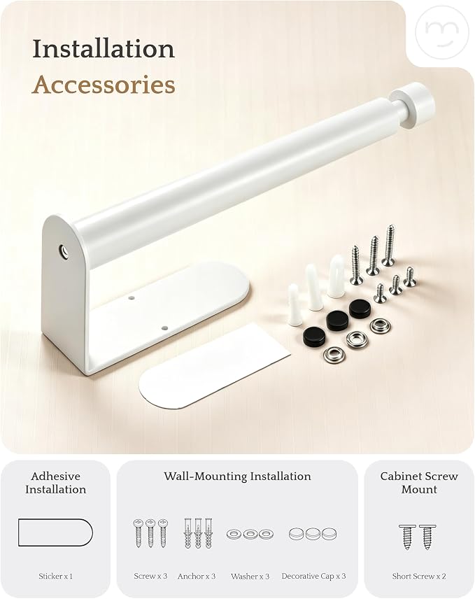 Paper Towel Holder Under Cabinet Adhesive or Drilling White | Drill Wall Mount or Adhesive, Easy Roll Loading, Heavy Duty, Stainless Steel Paper Towel Roll Rack for Kitchen, Bathroom