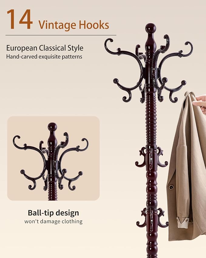 Wooden Coat Rack Freestanding, Solid Wood Coat Rack Stand with 14 Hooks, Vintage Heavy Duty Coat Racks,Standing Coat Jacket Hanger Tree Stand for Corner, Office, Entryway