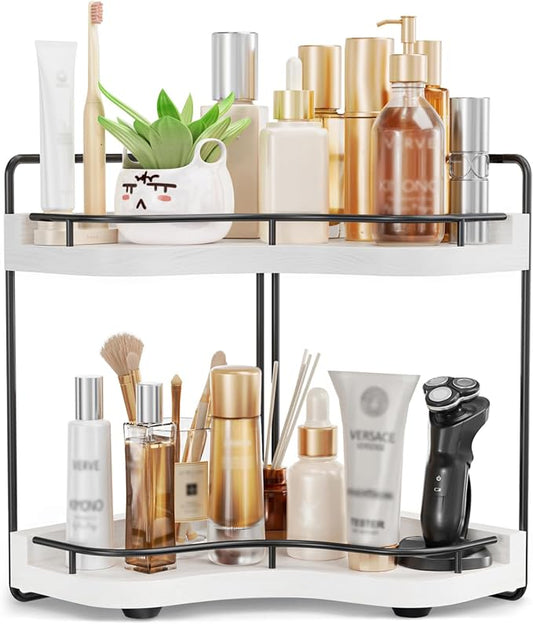 2-Tier Corner Bathroom Counter Organizer, Larger Size | Embedded Screw Holes, Sturdy & Stable, Oversized, Holds More, Vanity Shelf for Makeup & Skincare