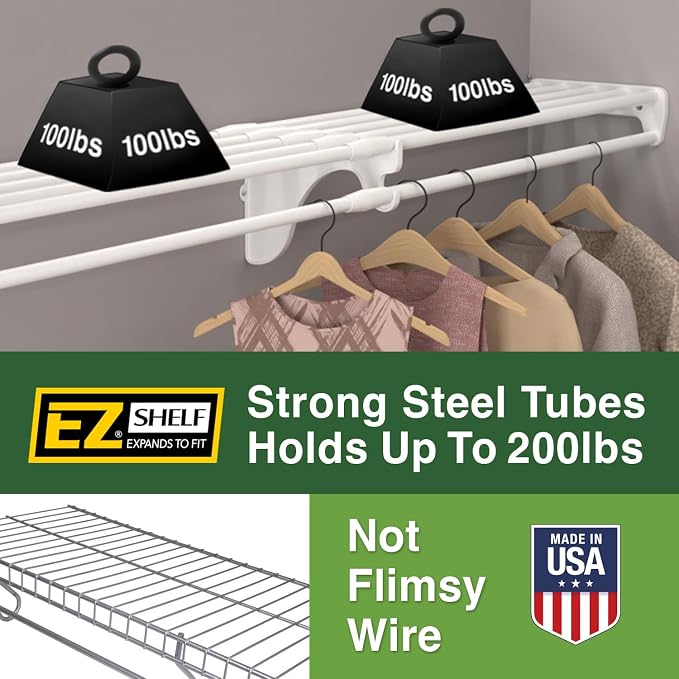Hanging Shelf - Closet Rod - Expands 17.5-27” - White, Closet Shelves - Strong, Holds 200 lbs - DIY, Easy Install - to 2 Side Walls - Alternative to Wire Shelving