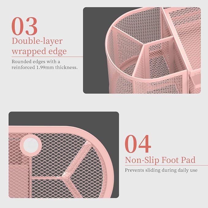 Mesh Desk Organizer, Desk Organizers and Accessories, Pen Holder with Drawers, Pencil Holder for Desk with 2 Drawer for Office Supplies, Pink
