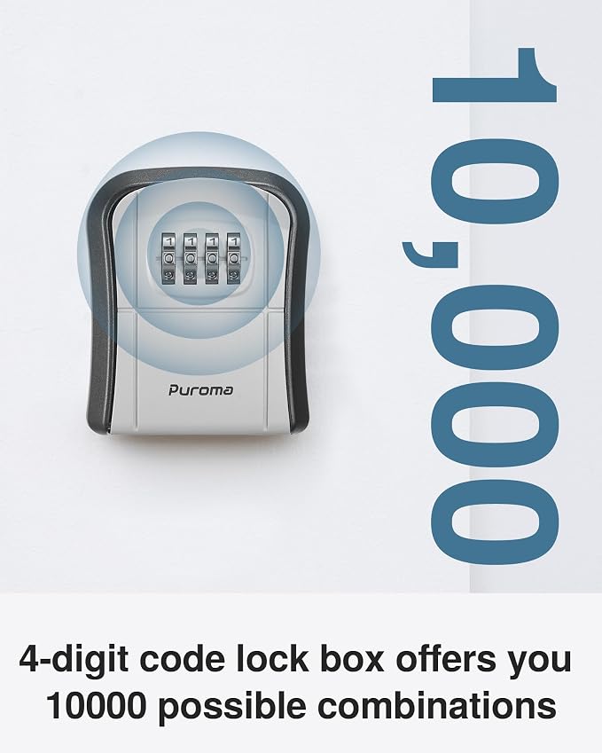 Puroma Key Lock Box Combination Lockbox Wall-Mounted Key Storage Box for House Keys, Resettable Code Safe Security Lock Box for Home, Office, Garage, Apartment Spare Key Storage (4 Pack, Grey)