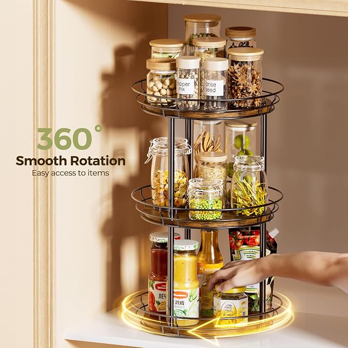 LAMU 12'' Lazy Susan Turntable Organizer, 3 Tier Round Rotating Spice Rack Organization for Kitchen Cabinet and Countertop, Wooden Lazy Susan for Table Top, Pantry, Bathroom, Vanity, Home Decor