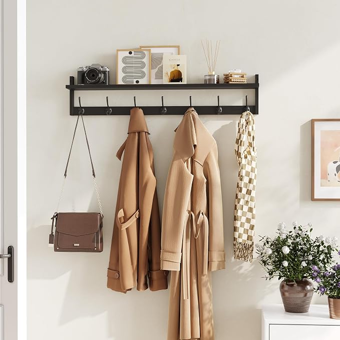 BAMEOS Wall Hooks with Shelf 35 Inch Length Entryway Hanging Shelf Wood Coat Hooks Wall-Mounted Coat Hook Rack with 7 Dual Hooks for Bathroom, Living Room, Bedroom (Black)