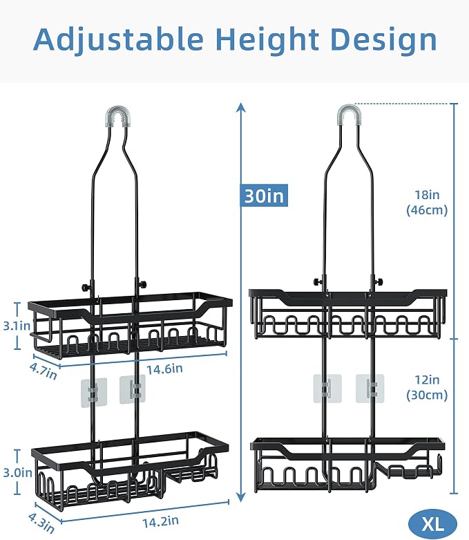 Shower Caddy Hanging Organizer, Extra Large Rack Over Showerhead with Hooks, Adjustable Height Shower Caddy for Big Shampoo Bottle, Black