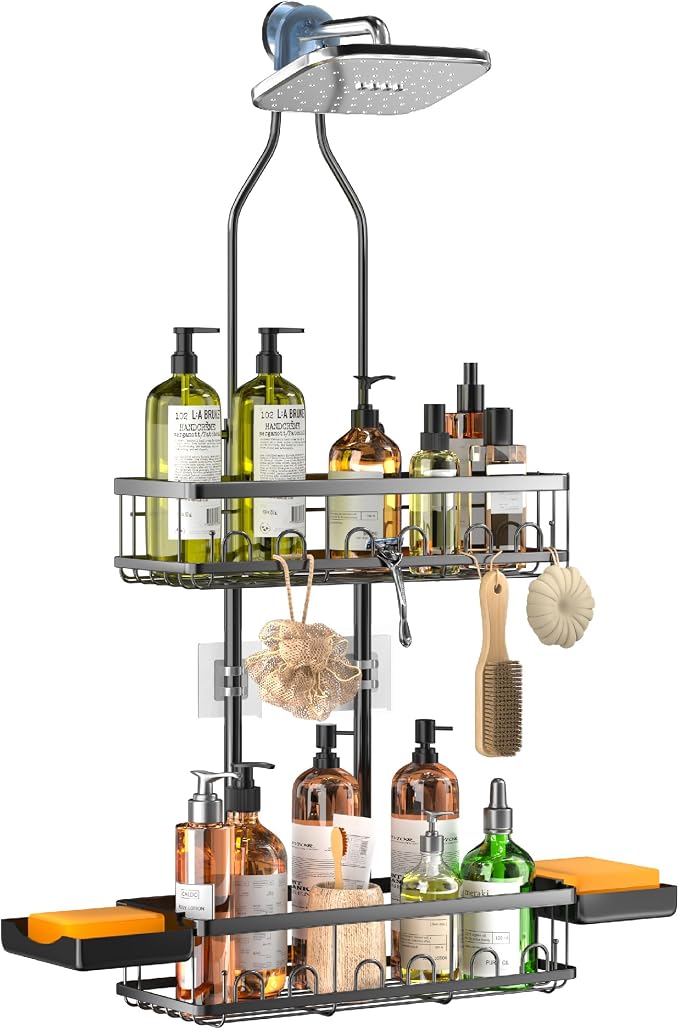 Skyapex Shower Caddy Hanging Over Shower Head, Adjustable, Black | Adjustable height fits tall bottles up to 18 inches; anti-sway design holds 40 lb; quick-drain steel; includes 2 soap trays.