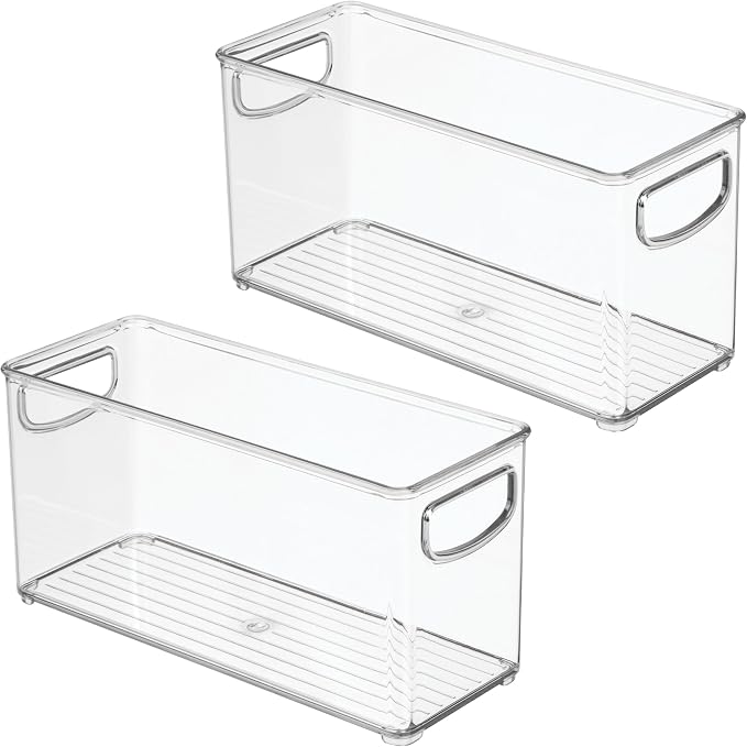 iDesign Plastic Stackable Pantry Bin, Set of 2, Clear | Storage Bin with Handles, For Cabinets or Fridge