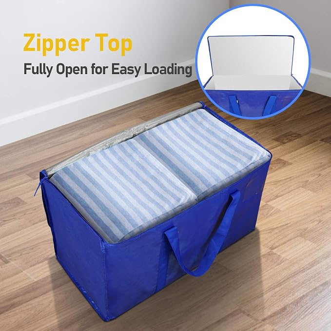 TICONN 8 Pack Extra Large Moving Bags Heavy Duty with Zippers & Carrying Handles, Durable Storage Bags Moving Boxes for Closet Organizers and Storage (8 Pack, Blue)