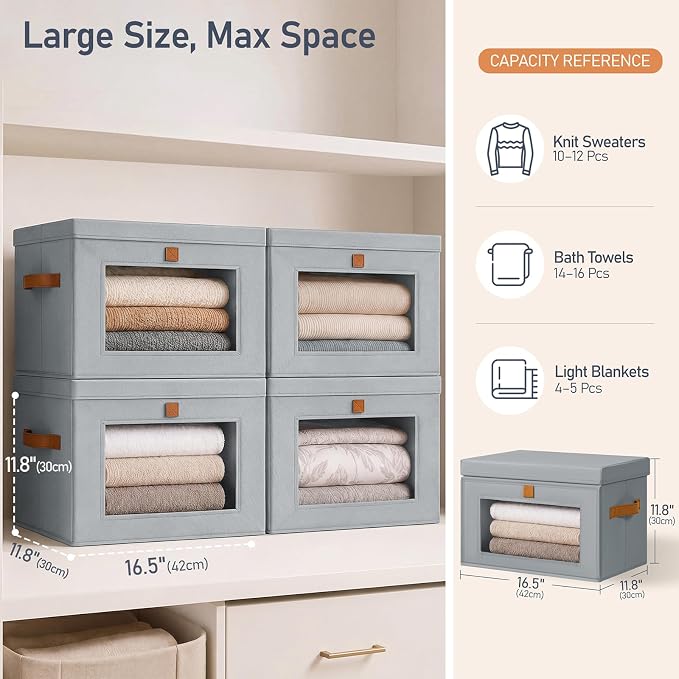 DIMJ Storage Bins with Lids - 5 Pack Front Opening Stackable Fabric Storage Boxes with Clear Window & Handles, Collapsible Closet Organizers for Clothes, Sweaters, Shelf Storage, Bedroom, Gray