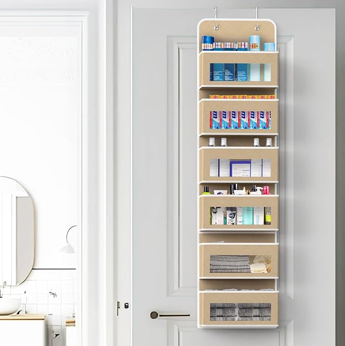 Simple Houseware 6 Clear Window Pocket Over Door Hanging Organizer, Beige | Over the Door Storage for Closet, Bedroom, Bathroom, Pantry