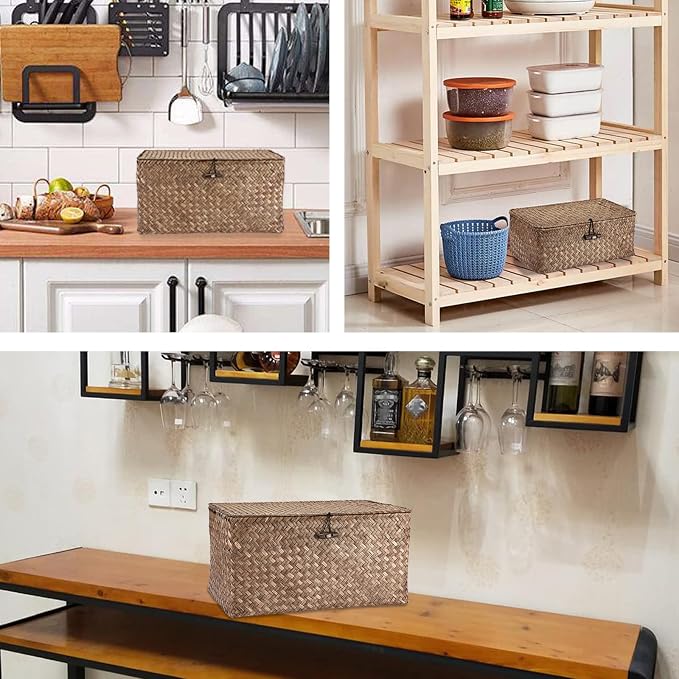 Hipiwe Wicker Shelf Baskets Storage Bin with Lid Handwoven Seagrass Basket | Rectangular Household Basket Boxes for Shelf Wardrobe Home Organizer, Coffee Medium