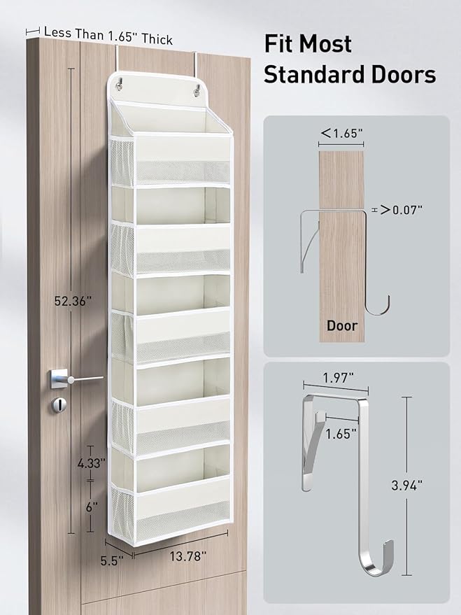 Yecaye 5 Tier Over the Door Organizer, 44lbs Load Toy Stuffed Animal Storage 10 Side Pockets, Bathroom Organizers and Storage for Nursery Newborn Baby Essential Stuff Dorm Room Essentials, Cream White