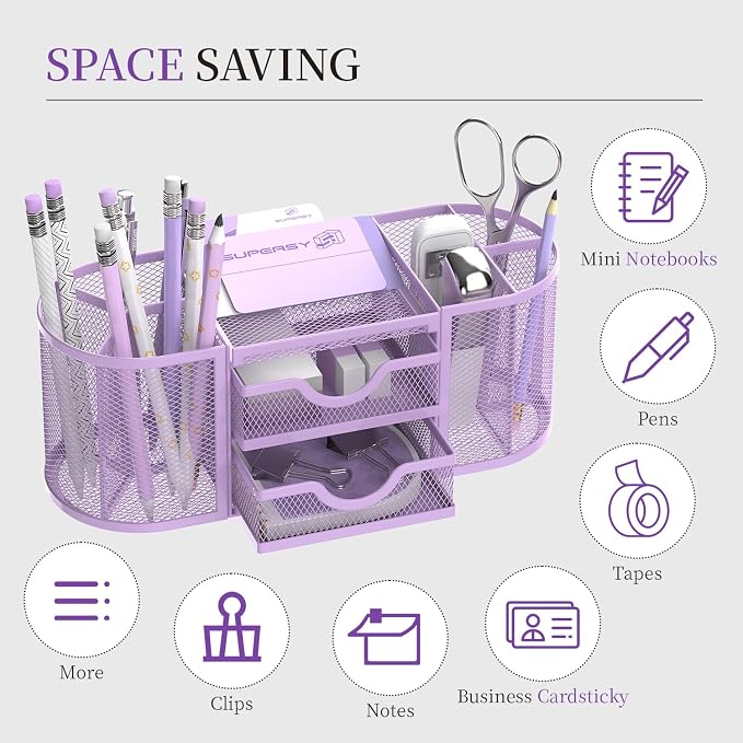 Mesh Desk Organizer, Desk Organizers and Accessories with Drawers, Pen Holder for Desk with 2 Drawers with 9 Compartments for Office Supplies, Purple