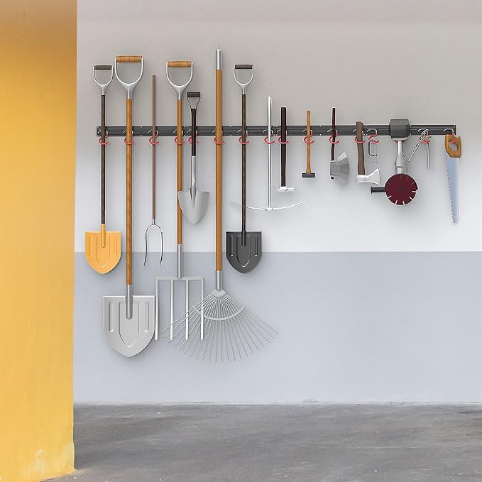 WALMANN All Metal 64 inch Wall Mount Garden Tool Organizer for Garage | Mop and Broom Holder, Yard Tool Storage Rack for Rake, Shovel, Spade, Mop, Broom(4 Rails, 16 Hooks)