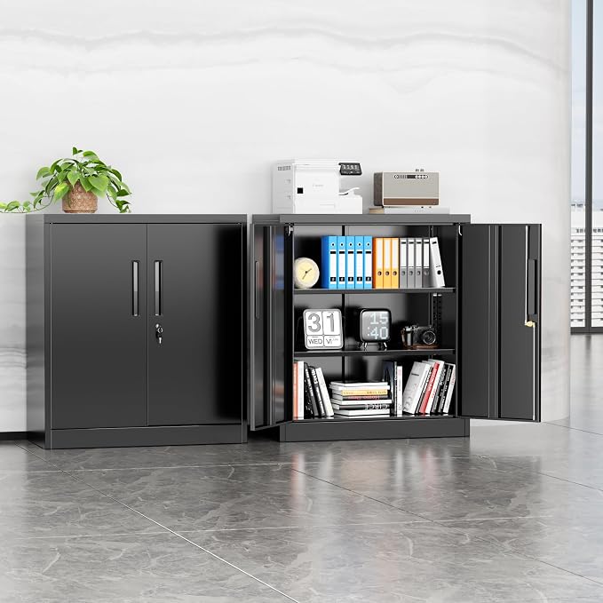 INTERGREAT Steel Storage Cabinet with Lock, Lockable Metal Storage Cabinets with 2 Adjustable Shelves, Black Counter Height Garage Cabinet
