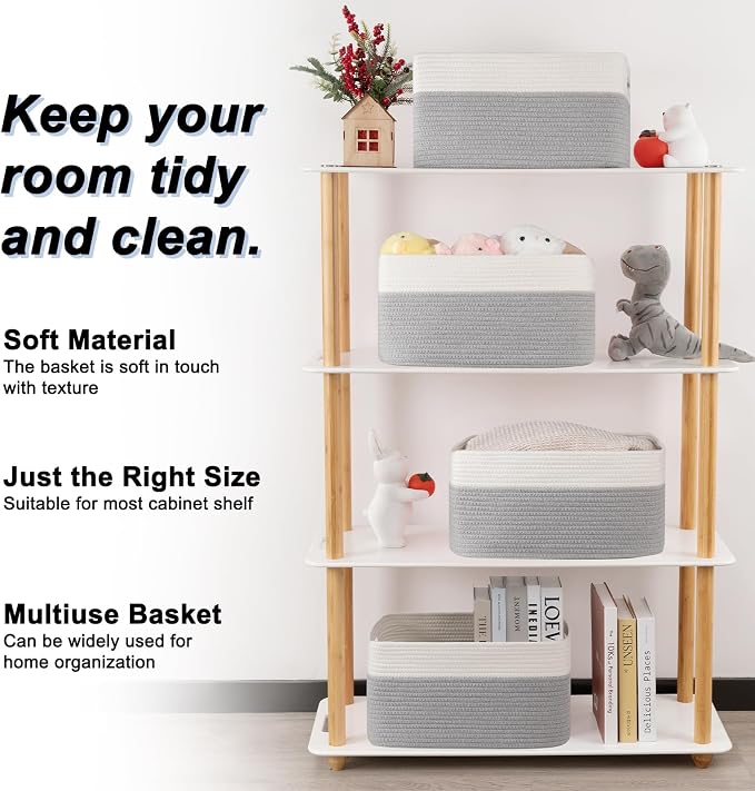 4 Pack Storage Baskets for Organizing, Woven Baskets for Shelves - Perfect for Toys, Books, Towels, and Clothes, Durable Gift Basket Bins Toy Storage, 15.7''Lx11.8''Wx7.8''H, Grey and White
