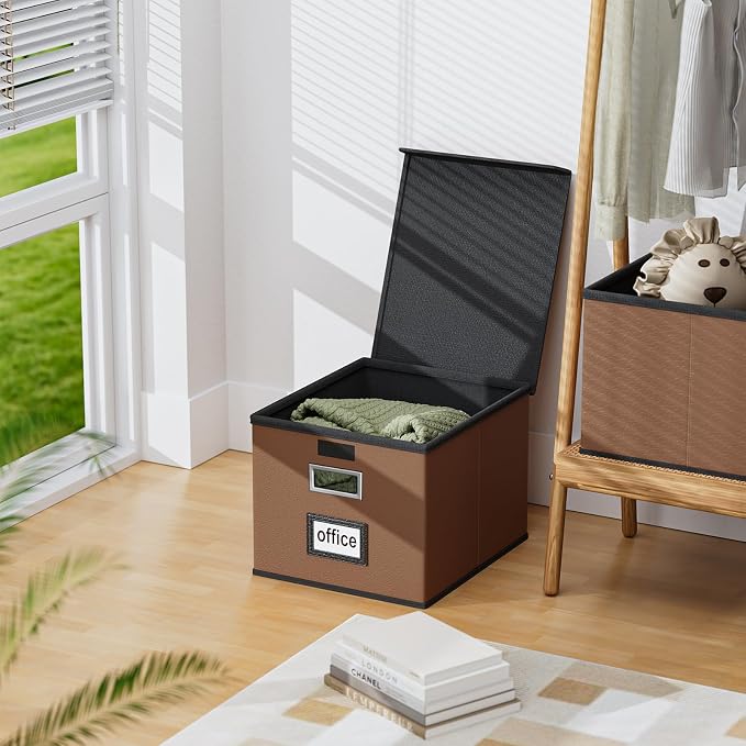 File Organizer Box with Lids, Collapsible File Folder Organizer | File Box with Plastic Slides for Document, Filing Bin for Letter Size Hanging File Folders (4 Pack, Brown, Leather)
