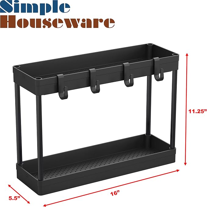 Simple Houseware 2-Tier Under Sink Organizer Storage Tray with Hooks, Black