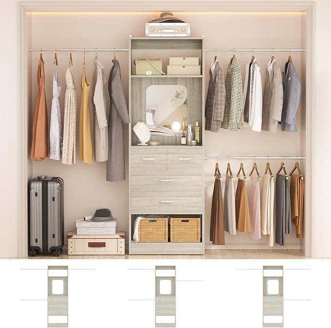 Unikito 8FT Closet System with Mirror and 3 Extendable Hanging Rods | 96 Inch Walk-in Closet Organizer with 25" Tower, 4 Wood Drawers, Customizable and Sturdy Closet Insert, White Oak