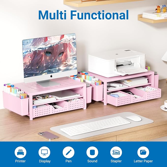 OPNICE Laptop Stand for Desk Organizer and Accessories, 2-Tier Computer Monitor Stand Riser with Drawer and 2 Pen Holders, Ventilated Perforated Steel Top, Office Desk Accessories for Home Office Supplies, Pink