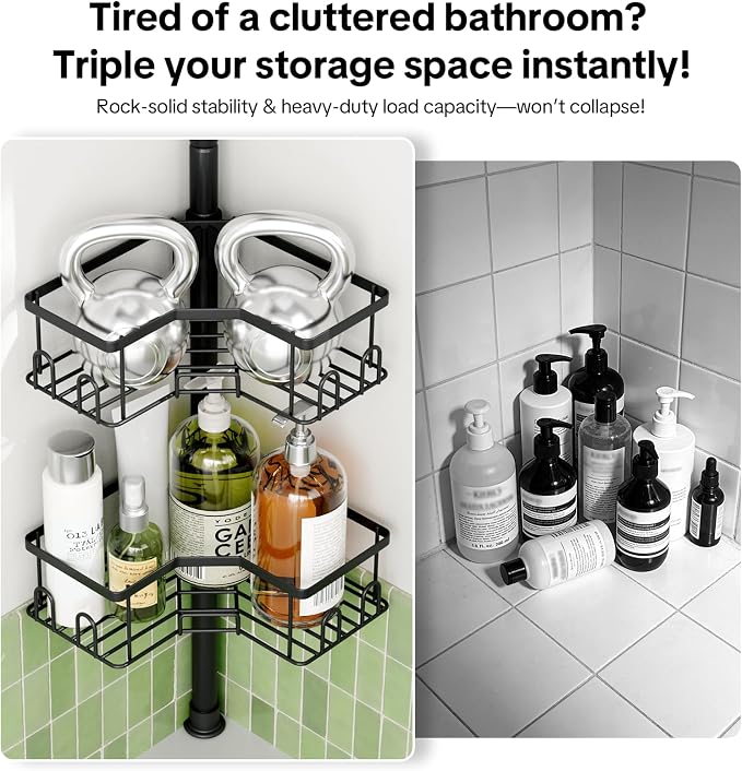 Corner Tension Pole Shower Caddy, 4 Tier Rustproof Shower Tension Rod Organizer with Soap Holder & Hooks, Adjustable 34-125 Inch Bathroom Shelf for Renters - Family Stand Storage Rack, Black