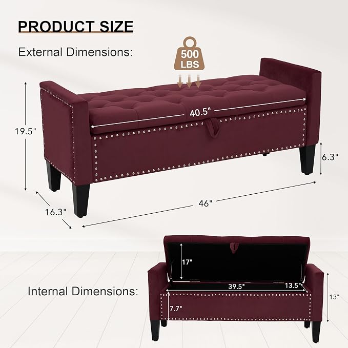 Velvet Ottoman with Storage, 46'' Upholstered Button Tufted End of Bed Bench with Arms, Modern Storage Bench for Living Room, Bedroom, Entryway, Purple