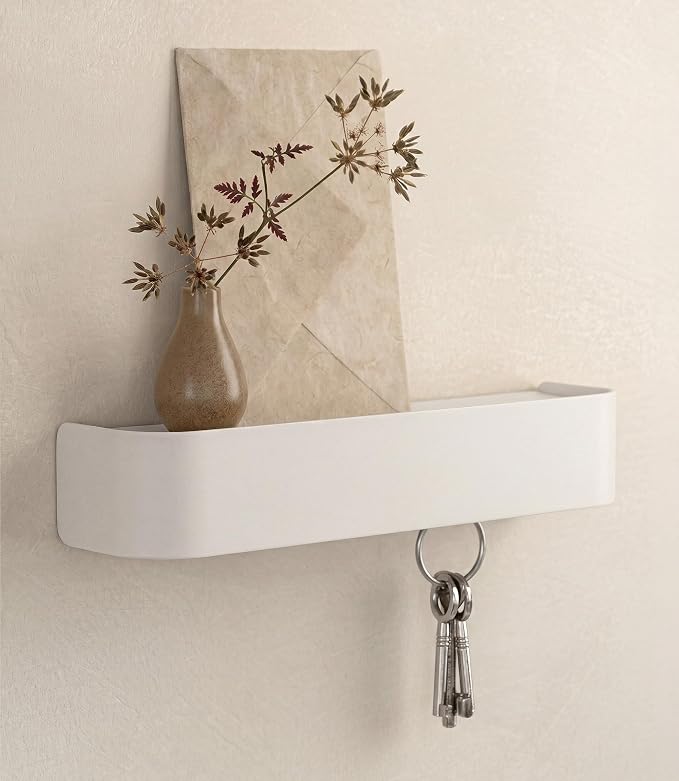 Kazai. Key Holder for Wall 'Tone' | Minimalist Key Hooks Design from Berlin | Modern Key Hanger with Metal Shelf | Key Hook Wall Mounted as Hallway Furniture | White