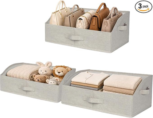 WUIKE Trapezoid Storage Bins for Closet Organizers and Storage, Fabric Closet Bins with Handles, Foldable Storage Baskets for Clothes, Purse, Blanket, Line Beige, Extra Large, 3-Pack