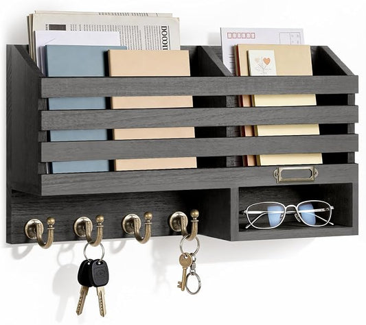 FifthQuarter Mail Holder Wall Mount with 2 Mail Shelf and 4 Sturdy Key Hook | Wooden Entryway Organizer and Decorative, Easy Installation