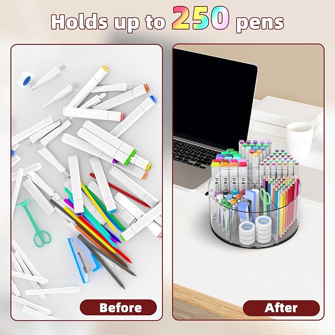 250pcs Acrylic Pencil Holder Marker Organizer, 360-Degree Rotating Pen Holder, Crayon Organizers for Kids Pencil Organizer Caddy Art Supply Lazy Susan Organizer for Desk Home School Office