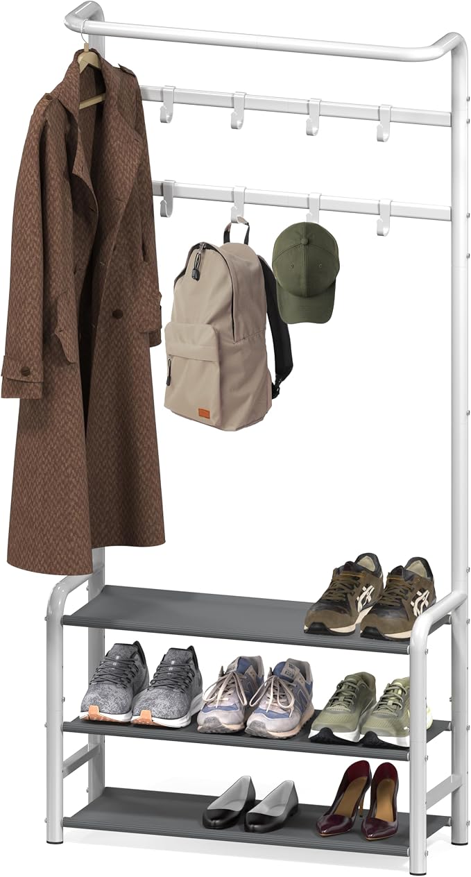 Simple Houseware Coat Rack with Shelf, Standing Hall Tree with Hooks, White | For Entryway, Bedroom, Office, White Metal Clothes Hanger Stand for Coats, Hats, Jackets, Bags