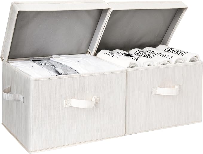 StorageWorks Fabric Storage Bins with Lid, Decorative Storage Boxes for Shelves, Stackable Closet Organizer Basket with Handles, Large, Mixing of Beige, White & Ivory, 2-Pack | Flip-Top Lid, 3 Handles, Collapsible, Stackable, for Clothes Blankets, Mult...