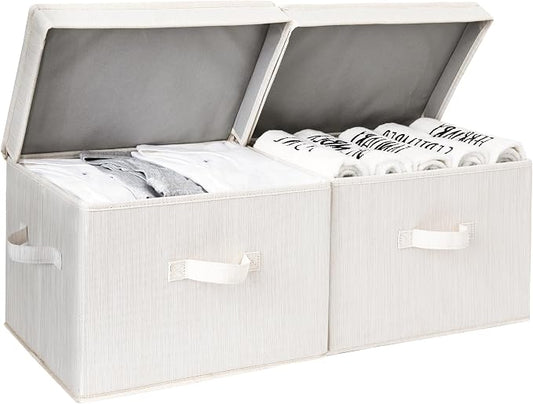 StorageWorks Fabric Storage Bins with Lid, Decorative Storage Boxes for Shelves, Stackable Closet Organizer Basket with Handles, Large, Mixing of Beige, White & Ivory, 2-Pack | Flip-Top Lid, 3 Handles, Collapsible, Stackable, for Clothes Blankets, Mult...