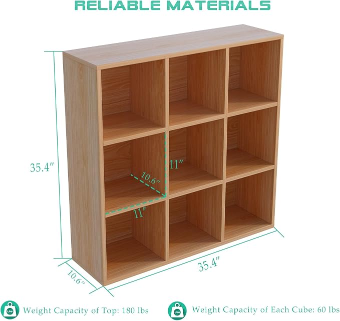OSCHF 9-Cube Storage Shelf Bookcase, Oak | Wooden 3-Tier Open Bookshelf, Fits 11×11" Bins, Vertical or Horizontal Use, Full Back Panels, For Home Office