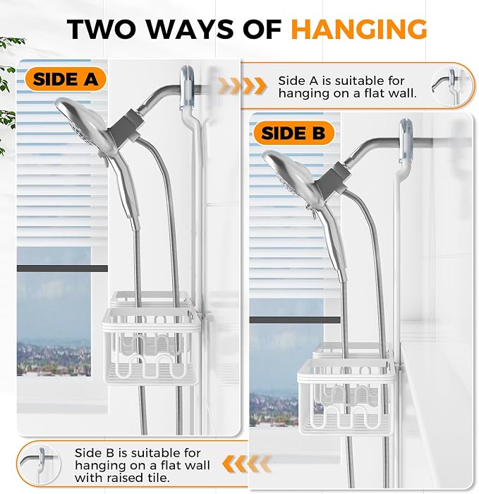 Adjustable Aluminum Shower Caddy Hanging for Handheld Showerhead, White | Rustproof Aluminum, Shower Organizer, Anti-Slip, Quick-Drain Shelf, 40lbs Capacity, Suction Cups, 8 Hooks, Razor Soap Holders