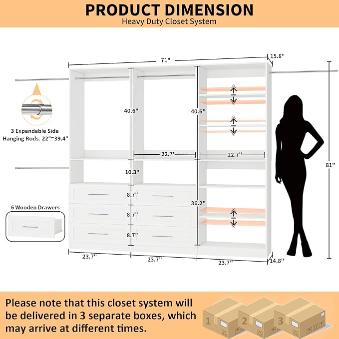 Closet System with 3 Sets, 6-15.8FT Custom Closet Organizer System with 6 Drawers & 8 Shelves & 5 Hanging Rods, Max 189"W Closet Shelving System, Walk in Closet Organizers and Storage System, White