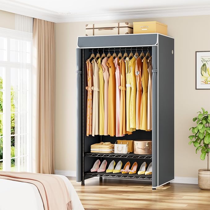 H5C Clothes Rack with Cover, Covered Clothing Rack Heavy Duty | Garment Rack with Shelves, 3-Tier Portable Closets for Hanging Clothes, Max Load 360LBS, Black Closet Racks with Gray Cover