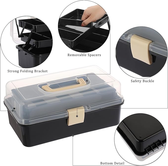 BTSKY 3-Layer Plastic Dividing Storage Box Craft Organizer and Storage | Portable Handled Art Supply Organizer with Adjustable Spacers Multipurpose Home Utility Box for Medicine Sewing(Black+Beige)