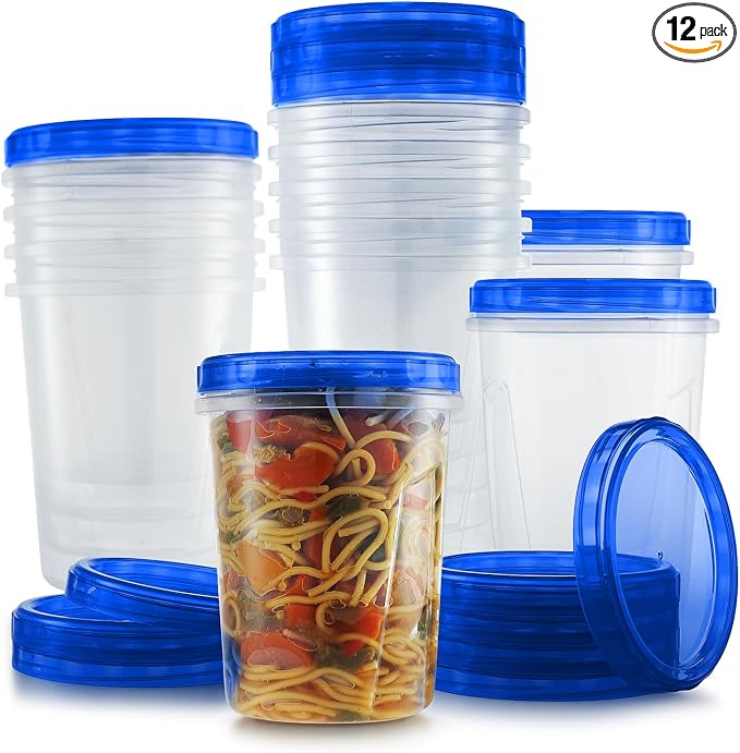 Tafura Freezer Containers, 12 Pack, 32 Oz, Leakproof BPA-Free Lids | Twist-top screw-on closures help prevent spills during storage, transport, and meal prep.