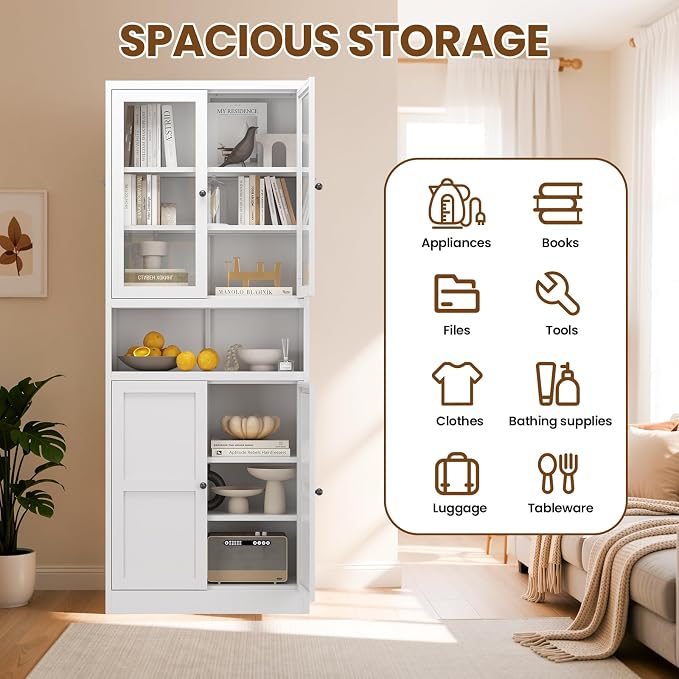 Metal Pantry Cabinet, 72" Kitchen Pantry Cabinet with 2 Doors and 4 Adjustable Shelves, White Steel Storage Cupboard for Dining, Office, Living Room, Bathroom