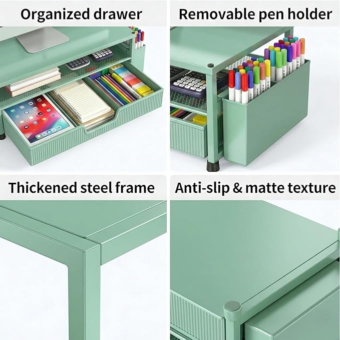 ECOLOVI Desk Organizer and Accessories, 2-Tier Computer Monitor Stand Rise with Storage Drawer & 2 Pen Holders, Laptop & Printer Stand for Desktop, Workspace Organizers for Office Supplies (Green)