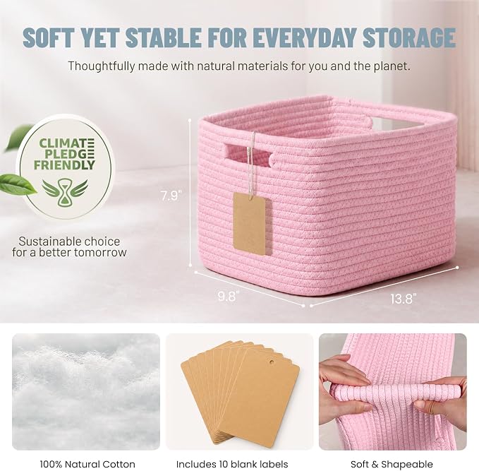 5 Pack Woven Storage Baskets for Shelves Organizing, Decorative Cotton Rope Organization Storage Bins for Toy, Book, Towel, Clothes, Closet, Nursery, Bathroom & Home Decor, Pink