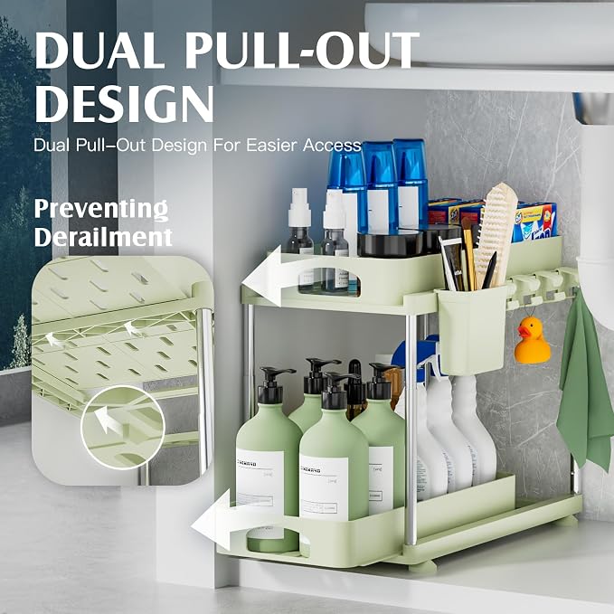 VERIFOST Under Sink Organizer, 2 Pack Under Kitchen Bathroom Cabinet Organizer, 2 Tier Under Bathroom Kitchen Sink Organizer, Adjustable Height Bathroom Kitchen Cabinet Organizers and Storage, Green